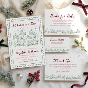 Könnte beinhalten: Ein Set aus weißem Schreibwaren für eine Babyparty mit einer grünen Winterdorf-Illustration und rotem Text. Die Einladung enthält It takes a village, Elizabeth Williams und Veranstaltungsdetails. Enthalten sind eine Books for Baby-, Diaper Raffle- und Thank You-Karte.