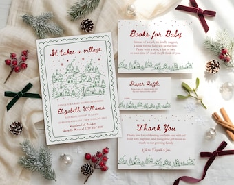 May include: A set of white baby shower stationery featuring a green winter village illustration and red text. The invitation reads It takes a village, Elizabeth Williams, and event details. Included are a Books for Baby card, a Diaper Raffle card, and a Thank You card.