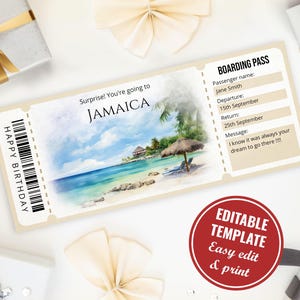 May include: A printable boarding pass template with a watercolor illustration of a tropical beach scene. The text on the template says "Surprise! You're going to Jamaica" and "Happy Birthday". The boarding pass also includes fields for passenger name, departure date, return date, and a message.