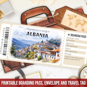 Modèle modifiable de carte d'embarquement pour l'Albanie, voyage surprise en ALBANIE, faux billet d'avion imprimable, cadeau billet d'avion, téléchargement immédiat