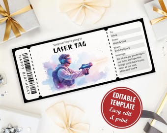 May include: A rectangular laser tag gift ticket featuring a graphic of a person wearing a headset and holding a laser blaster. The text reads Surprise! You're going to LASER TAG, HAPPY BIRTHDAY, and includes fields for To: Olivia, From: Mom & Dad, When: 27th February.