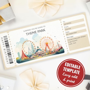 Bearbeitbare Vergnügungspark-Geschenkgutscheinvorlage, druckbare Aquarell-Freizeitpark-Geschenkgutscheinkarte, Überraschungsfreizeitparkticket-Download