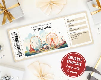 May include: A beige theme park ticket with a watercolor illustration of Ferris wheels and buildings. Text includes "SURPRISE! YOU'RE GOING TO THEME PARK" and "HAPPY BIRTHDAY." The ticket is personalized with a message and date.