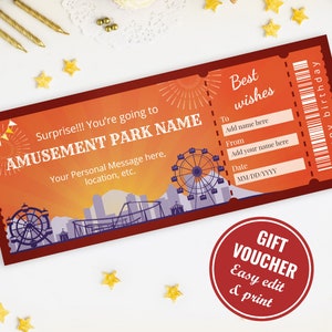 Bearbeitbarer Vergnügungspark-Geschenkgutschein zum sofortigen Download, druckbare Freizeitpark-Geschenkgutschein-Karte, Karneval-Überraschungsgeschenkgutschein