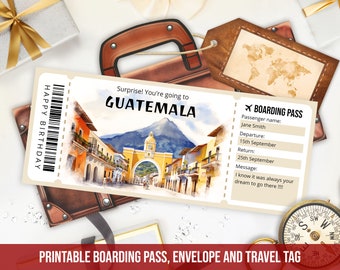 Plantilla editable de tarjeta de embarque para Guatemala, plantilla de boleto de viaje a Guatemala imprimible y personalizada con sobre, descarga instantánea.
