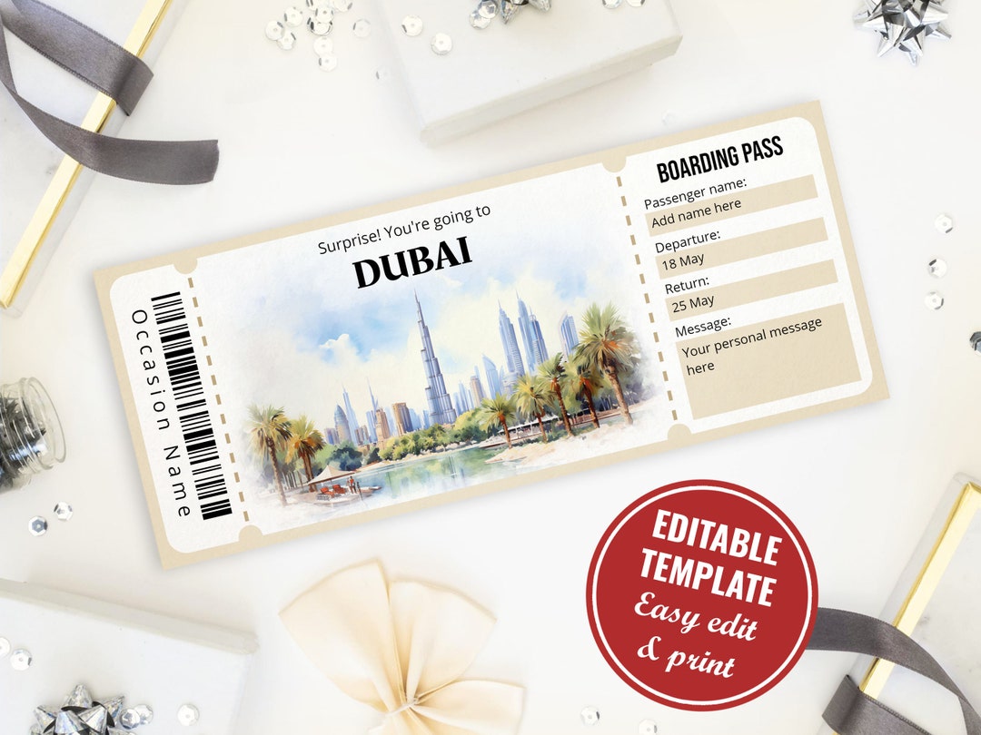 Editable Dubai Boarding Pass Template, Watercolor Surprise Dubai Trip