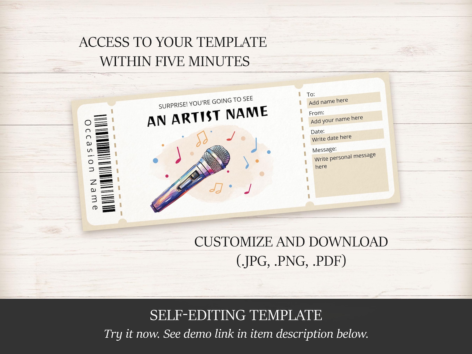 Editable Band Ticket Template for Music Lovers, Printable Concert Gift ...