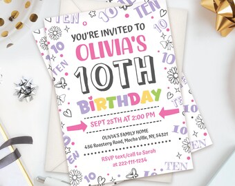 10th Birthday Invitation Girl, Editable Pink 10th Birthday Invitation Template 5x7, 10 Year Old Girl Birthday Party Instant Download