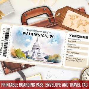 Modèle de billet cadeau surprise Washington DC USA voyage révéler, carte d'embarquement modifiable Washington, billet d'avion imprimable téléchargement immédiat