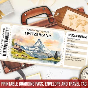 Modèle modifiable de carte d'embarquement pour la Suisse, billet d'embarquement surprise pour la Suisse, faux billet d'avion imprimable, téléchargement immédiat de vol