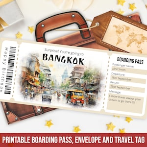 Modelo de cartão de embarque editável para Bangkok, modelo de passagem aérea surpresa personalizada para impressão em Bangkok com envelope, download instantâneo