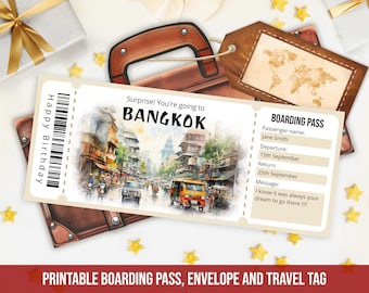 Editable Bangkok boarding pass template, Personalized Printable Surprise Bangkok plane ticket template with envelope, Instant Download