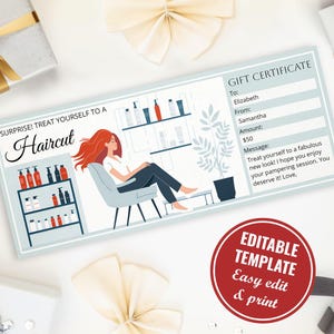 Printable Haircut Gift Voucher for Mom, Editable Hair Salon Gift Certificate Template Gift for Her, Surprise Hairdresser Instant Download