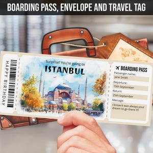 Modelo de bilhete-presente de revelação de viagem surpresa para Istambul, cartão de embarque editável para Istambul, bilhete de avião para impressão em aquarela, download instantâneo