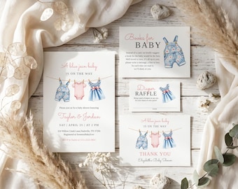 May include: A set of baby shower stationery including an invitation, a books for baby card, a diaper raffle ticket, and a thank you card. Each piece features watercolor illustrations of blue denim overalls, a pink onesie, and a blue dress.