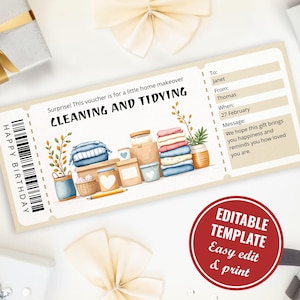 Op de afbeelding: Een rechthoekige cadeaubon-sjabloon met de tekst "Surprise! This voucher is for a little home makeover CLEANING AND TIDYING" en "HAPPY BIRTHDAY". Het bevat velden voor "To: Janet", "From: Thomas", "When: 27 February" en een bericht.