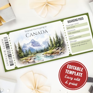 Editable Canada boarding pass template, Watercolor Surprise Canada trip reveal ticket template, Instant Download