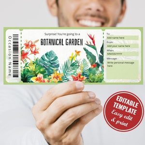 Bearbeitbare Botanische Garten-Eintritts-Geschenkgutschein-Vorlage, Überraschungs-Printable Tropischer Garten-Geschenkgutschein, Garten Coupon Sofort-Download