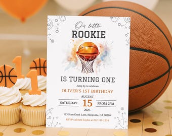 Editable Basketball 1st Birthday Invitation Template, Printable Rookie Year Birthday Invitation, Boy First Birthday Party Digital Download