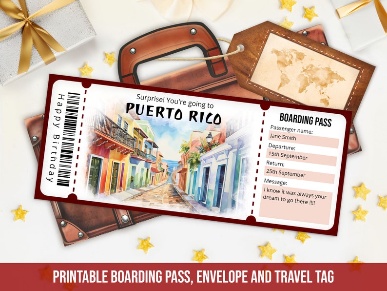 Printable Puerto Rico Boarding Pass Template, Personalized Editable