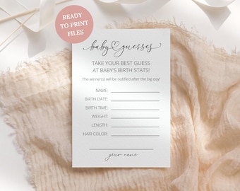 Simple Baby Prediction Card Baby Shower Game, Printable Minimalist Baby Guesses, Modern Birth Stats Game, Digital Download M01