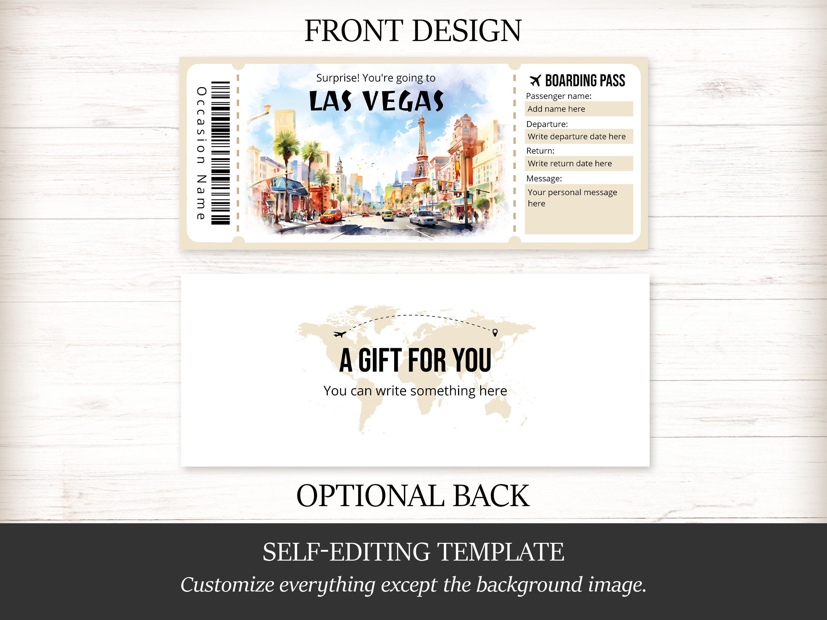 Editable Las Vegas Boarding Pass Template, Personalized Gift Printable