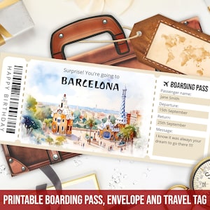 Editable Barcelona boarding pass template, Personalized Gift Printable Barcelona Spain trip ticket template with envelope, Instant Download