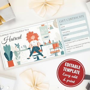 Plantilla de certificado de regalo editable para peluquería, regalo para ella, vale de regalo imprimible para corte de pelo para mujer, descarga instantánea de peluquero sorpresa