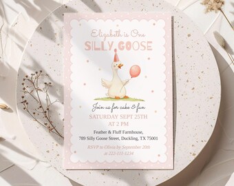 One Silly Goose Girl 1st Birthday Invitation Template, Editable Pink Silly Goose Invite, Goose First Birthday Girl Theme Instant Download