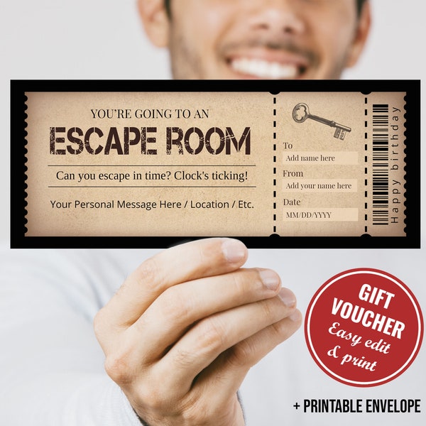 Vale de regalo imprimible de último minuto de Escape Room editable para descarga instantánea, plantilla de cupón de entrada de Escape Room editable, cupón de regalo, A003