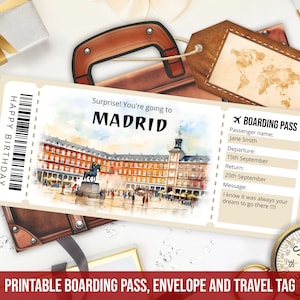 Plantilla editable de tarjeta de embarque de Madrid, regalo personalizado imprimible, billete de avión de Madrid, viaje a España con sobre, descarga digital