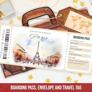 Modèle modifiable de carte d'embarquement pour Paris, voyage surprise imprimable, modèle de billet d'avion pour Paris avec enveloppe, cadeau personnalisé, téléchargement immédiat