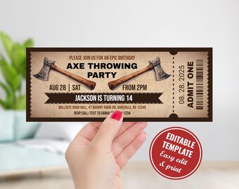 May include: A brown and white ticket-style invitation for an axe throwing party. The invitation says "Please join us for an epic birthday Axe Throwing Party" and includes the date, time, and location of the party. The invitation also says "Jackson is turning 14".