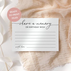 May include: A rectangular white card featuring the black printed text "share a memory OR BIRTHDAY WISH" at the top, followed by six horizontal lines for writing, and the text "with love." at the bottom left corner, with a pink circular badge.