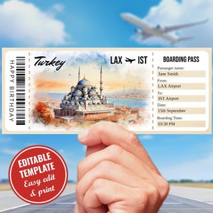 Plantilla de tarjeta de embarque editable en acuarela para viaje a Turquía, certificado de regalo sorpresa para boletos de Turquía, descarga instantánea