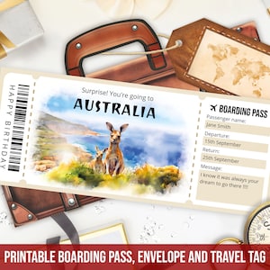 Modèle modifiable de carte d'embarquement pour l'Australie, modèle de billet de voyage en Australie imprimable cadeau personnalisé avec enveloppe, téléchargement immédiat