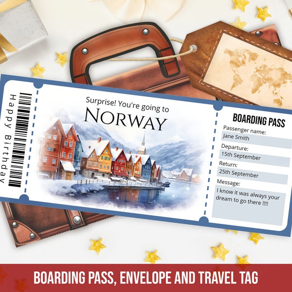 Editable Norway boarding pass template, Personalized Printable Surprise Norway plane ticket template with envelope, Instant Download