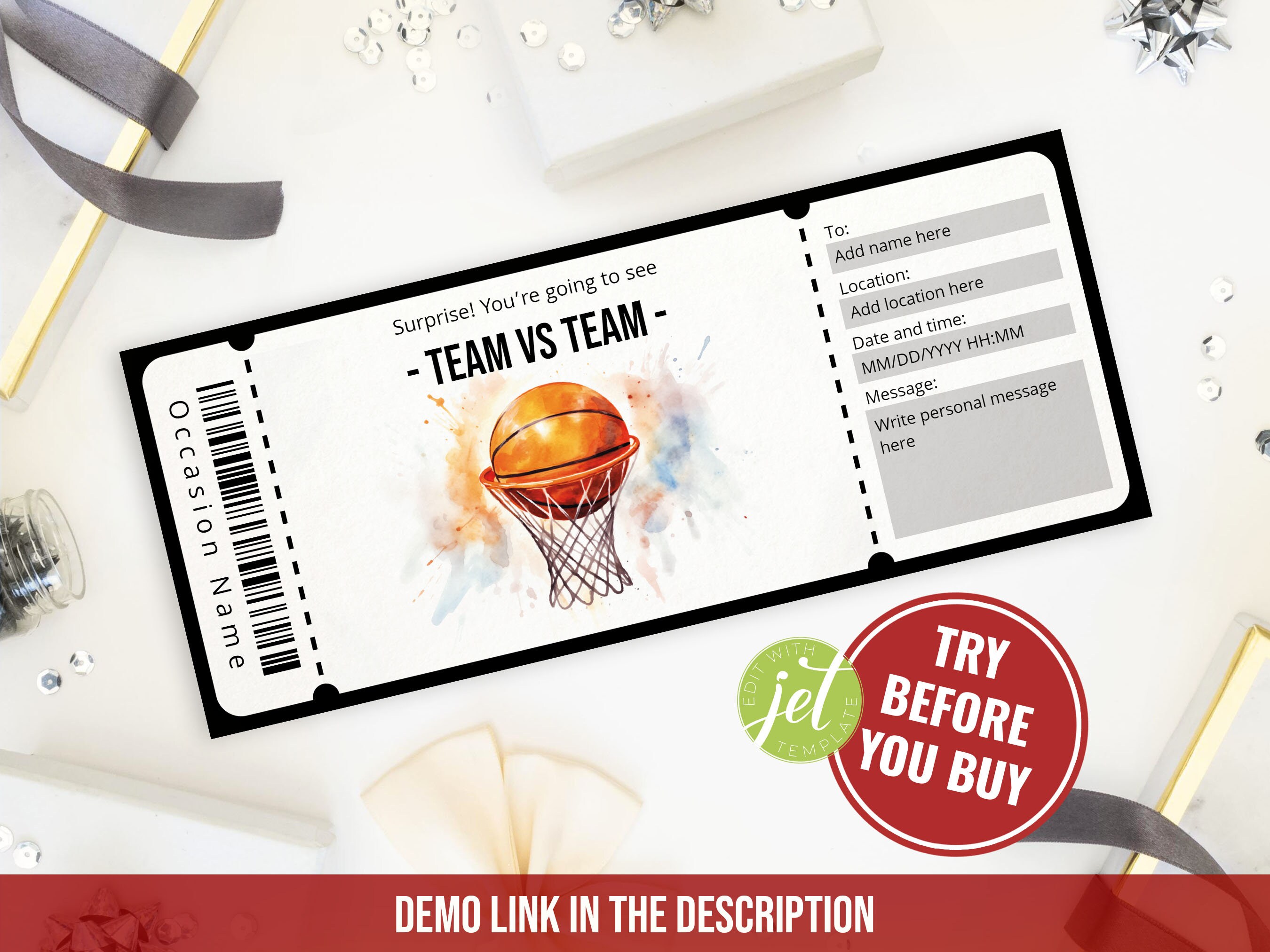 Surprise Basketball Game Ticket Template, Customizable and Printable ...