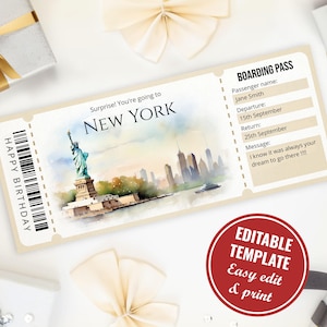 Modèle modifiable de carte d'embarquement surprise pour New York, chèque cadeau billet d'avion New York aquarelle imprimable, téléchargement immédiat