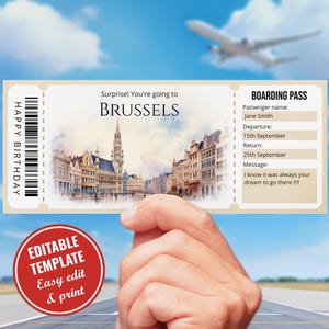 Editable Brussels boarding pass template, Printable Digital Watercolor Surprise Belgium trip reveal ticket template, Print at home