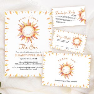 Editable Here Comes the Son Baby Shower Invitation Template, Printable Boho Boy Sunshine Baby Shower Bundle, Books for Baby, Diaper Raffle
