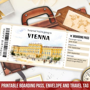 Modelo de cartão de embarque editável para Viena, presente personalizado, passagem aérea para Viena, viagem para a Áustria com envelope, download digital