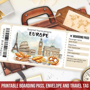 以下が含まれることがあります： Surprise! You're going to EUROPE、HAPPY BIRTHDAY、BOARDING PASSという文字が記載された長方形の搭乗券。エッフェル塔、コロッセオ、ビッグベン、ブランデンブルク門、そして食べ物の水彩画イラストが描かれています。