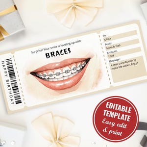 Puede incluir: Una plantilla de vale de regalo rectangular con una ilustración en acuarela de una boca sonriente con brackets. El texto dice Surprise! Your smile is leveling up with BRACES, HAPPY BIRTHDAY, y campos para To, From, Amount y Message.