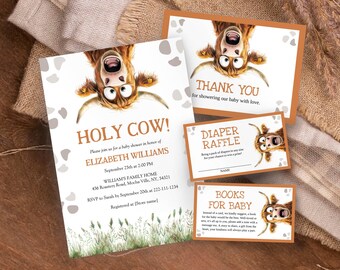 Editable Holy Cow Baby Shower Invitation Template, Printable Gender Neutral Highland Cow Baby Shower Invitation Bundle, Cow Theme Party Set