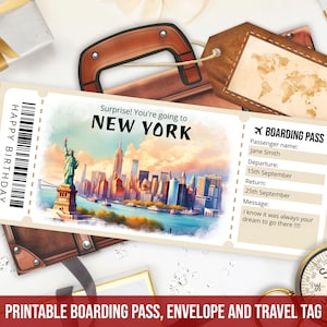 New York Boarding Pass Template, Editable and Printable Surprise New York Trip Ticket with Envelope, NYC Plane Ticket Instant Download