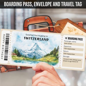 Modèle de billet cadeau voyage surprise en Suisse, carte d'embarquement modifiable pour la Suisse, billet d'avion imprimable téléchargement immédiat