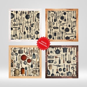 Vintage Kitchen Utensil Prints: Dining Room Wall Art Set (Digital Download)