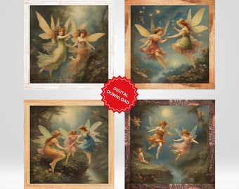 Ensemble de 4 tirages d'art fées vintage | Décoration murale féerique imaginative | Art imprimable Cottagecore lunatique | Décoration murale fantaisie pour chambre d'enfant