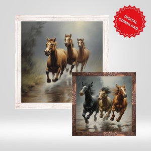 Afdrukbare muurkunst vintage paard | Paarden rennen in de regen | Paardenschilderijen | Digitale download | Vintage afdrukbare muurkunst van paard
